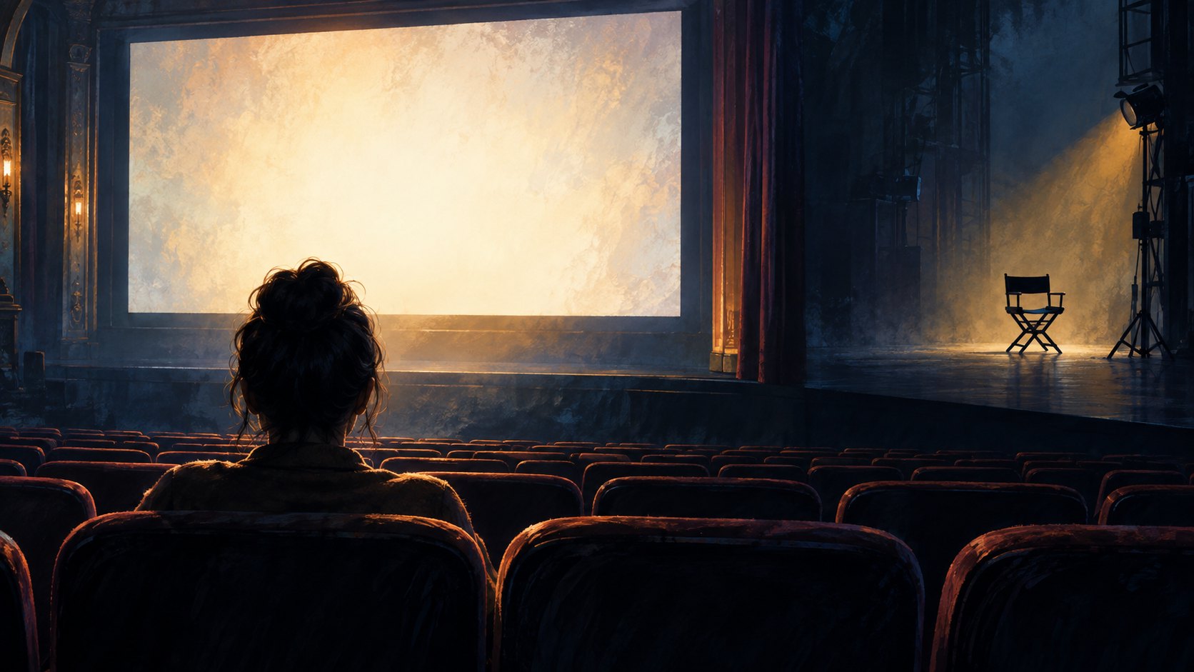 概念插畫:觀眾面向明亮銀幕,遠處空著的導演椅映出創作與觀看之間的距離