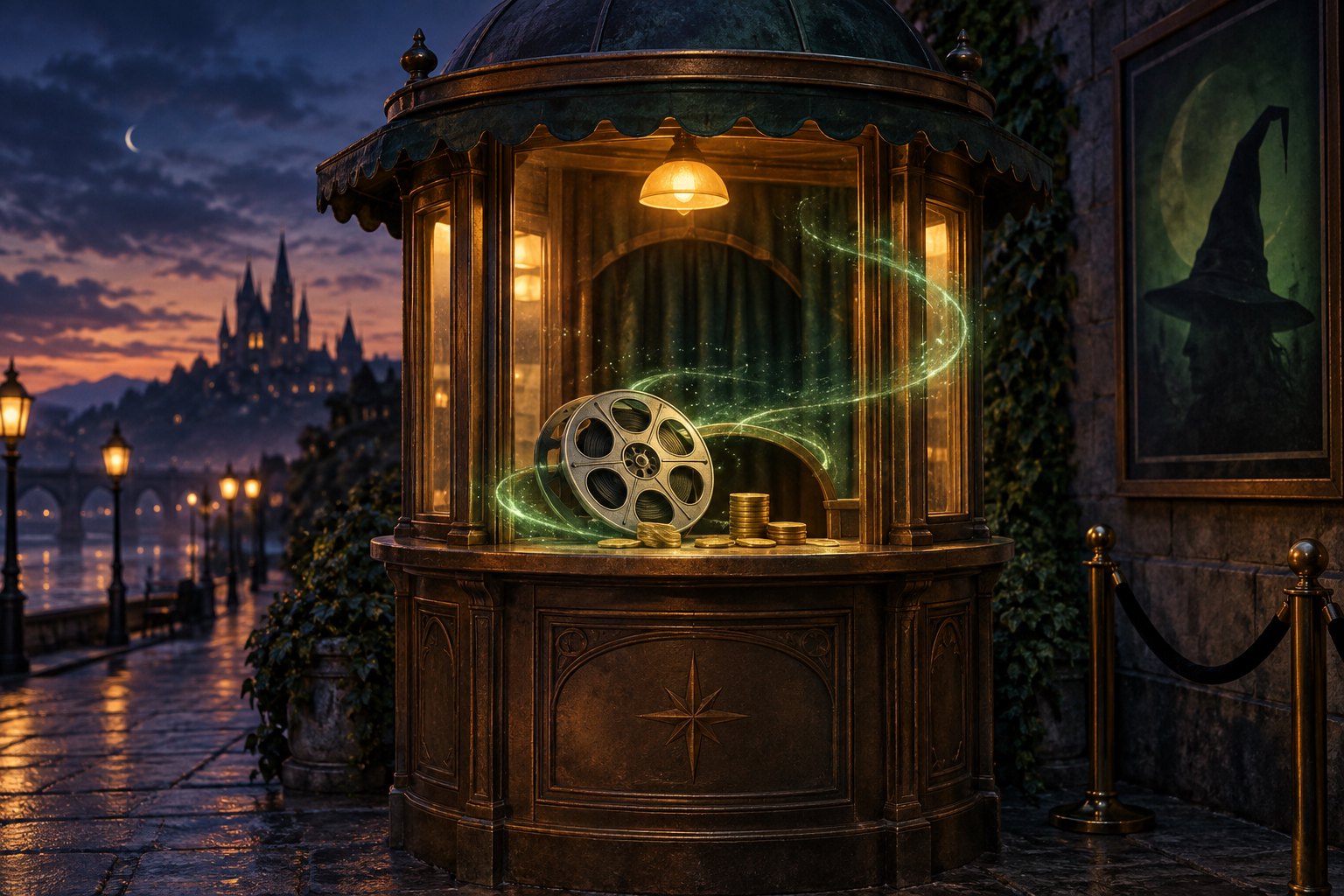 An illustrated cinema ticket booth at dusk with green magical light swirling around a film reel and brass coins.