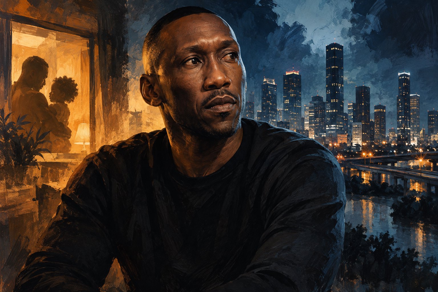 Editorial illustration of Mahershala Ali beside a blue city skyline and a warmly lit silhouette of a parent holding a child.