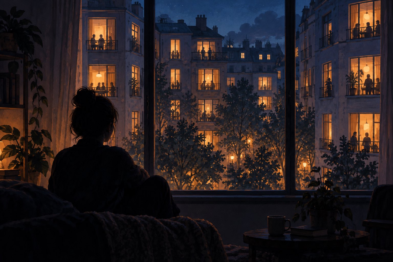 Conceptual illustration of a solitary viewer looking across a nighttime courtyard toward warmly lit windows and distant silhouettes.