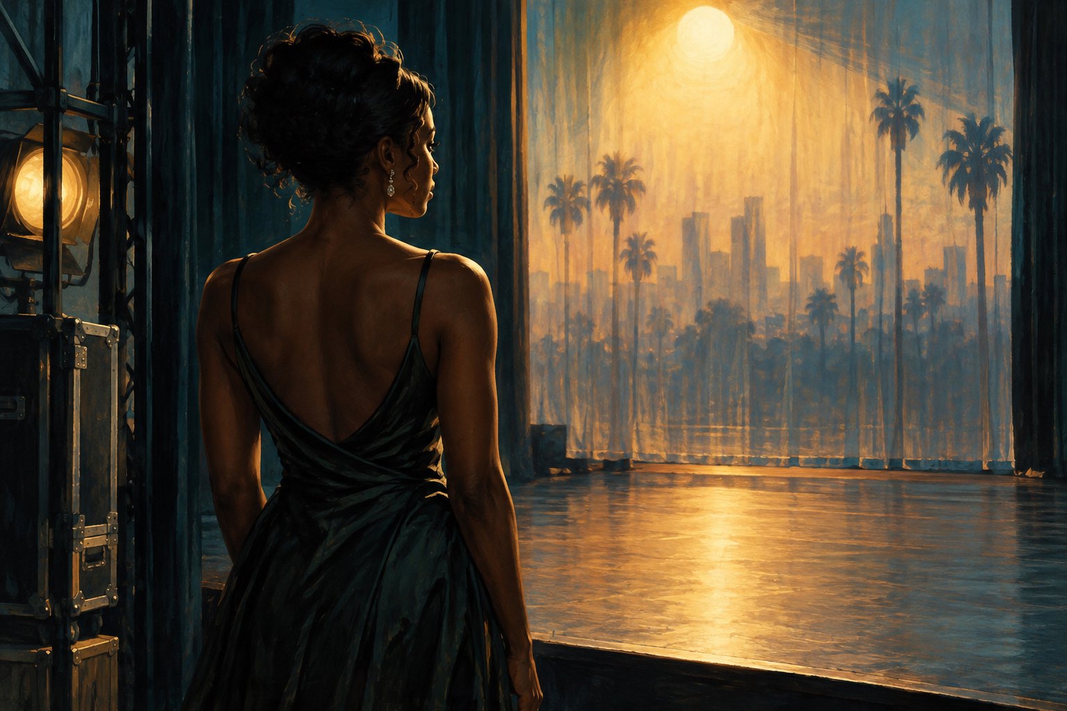 Conceptual illustration of a woman in an evening dress beside a golden stage light and a backdrop of palm trees.
