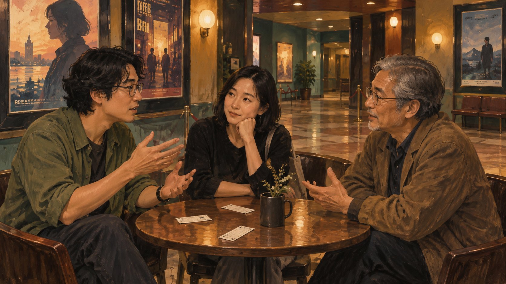 三名不同年齡的觀眾坐在影院大廳交流觀影感受的情境插畫,非活動現場紀錄