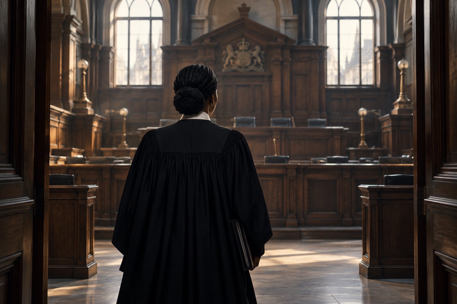 Conceptual illustration of a Black female barrister seen from behind at the entrance to an imposing wood-paneled courtroom.