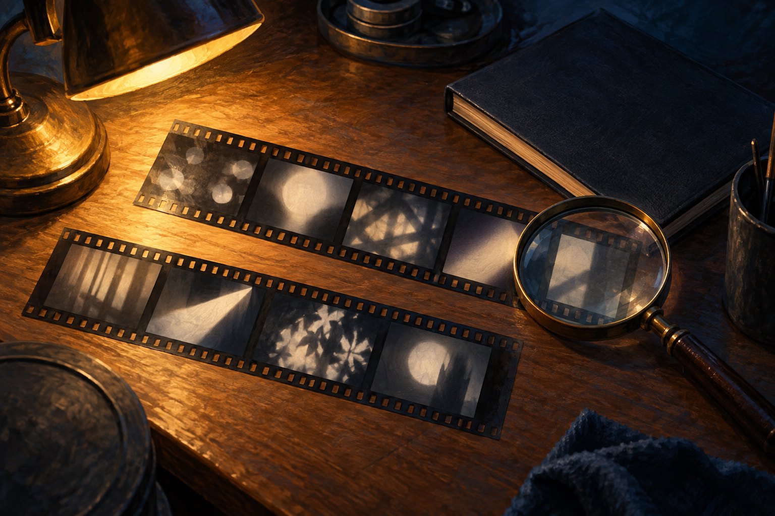 Conceptual illustration of film strips, a magnifying glass, and a closed notebook on a warmly lit wooden desk.