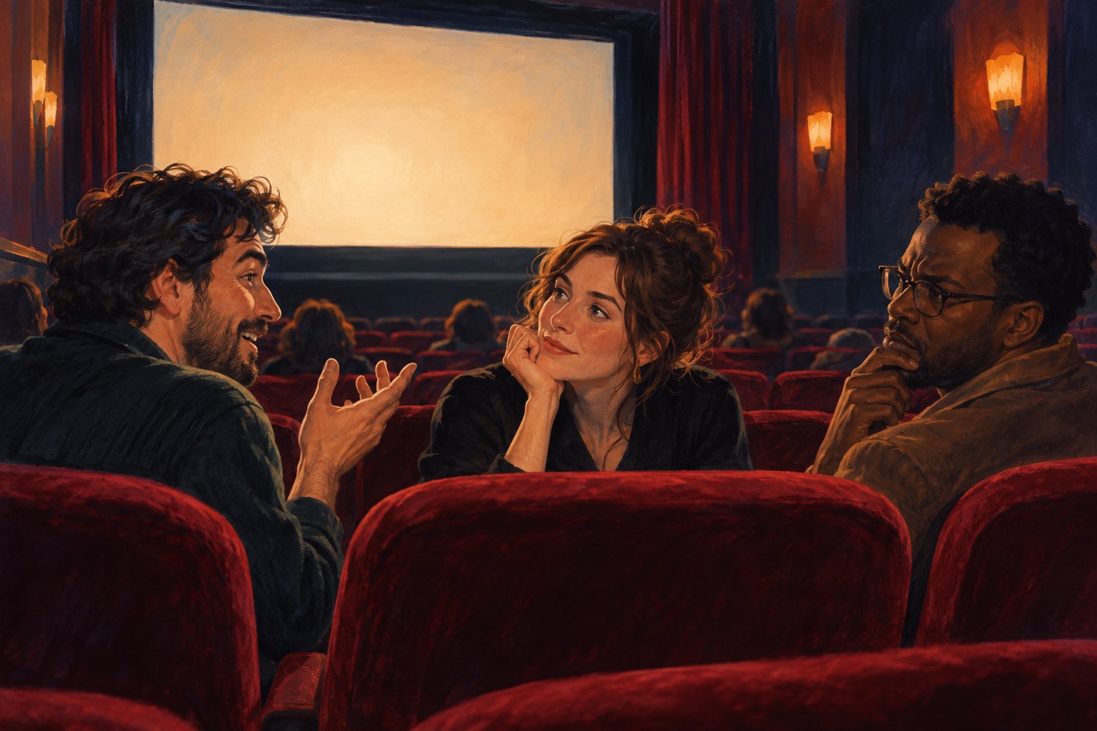 Editorial illustration of three spectators discussing a film in red theater seats beneath a softly illuminated screen.