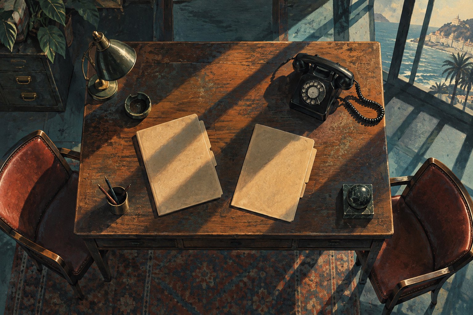 Conceptual illustration of two closed folders and a rotary telephone on a sunlit desk between empty chairs.