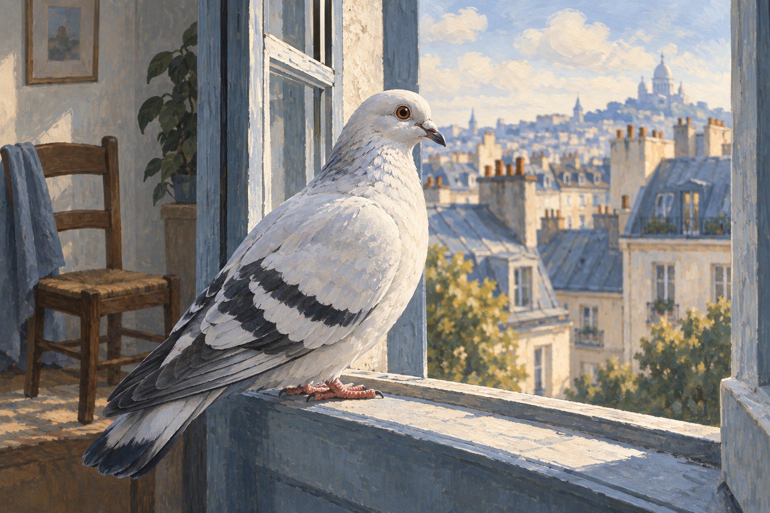 Conceptual illustration of a white pigeon on an open windowsill beside an empty chair, overlooking city rooftops.