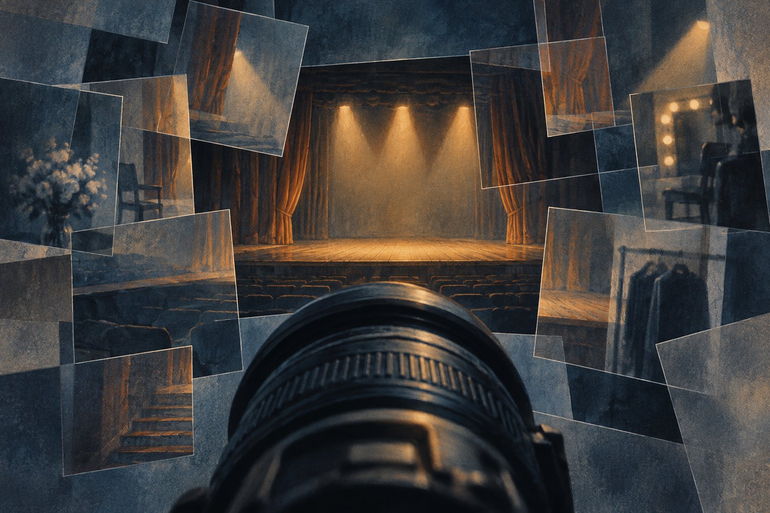 Conceptual editorial illustration of a camera lens facing an empty theater stage through overlapping translucent frames.