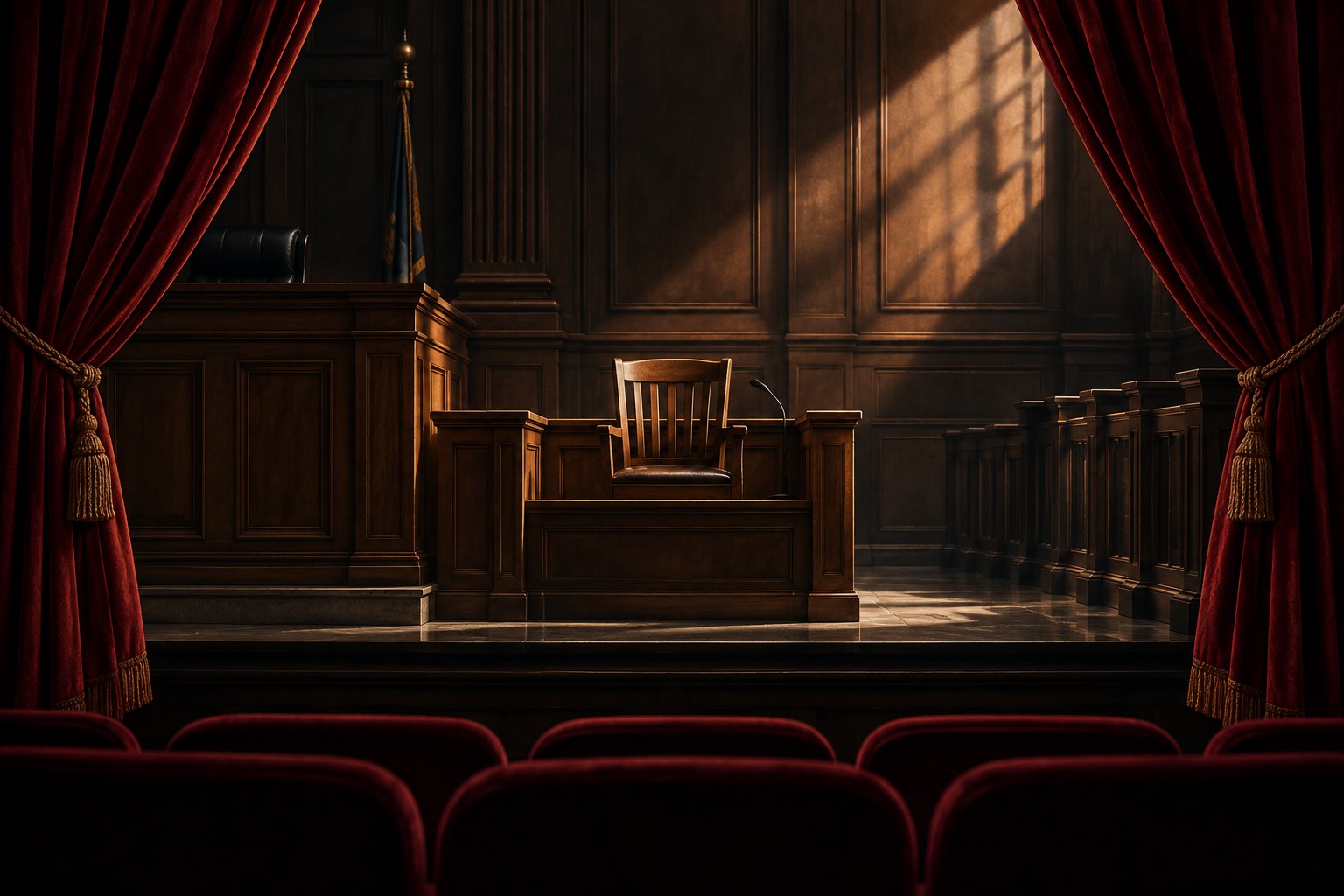 Conceptual illustration of an empty courtroom witness chair framed by burgundy theater curtains.
