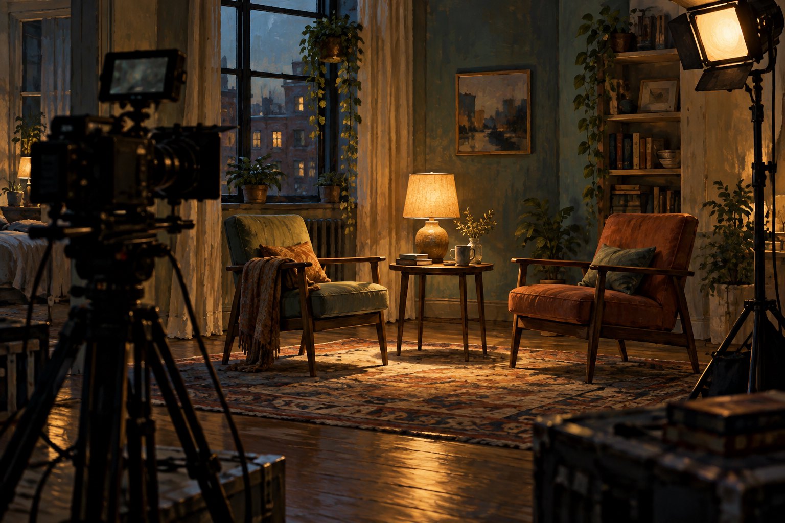Conceptual illustration of a cinema camera facing two empty armchairs and a glowing table lamp on an intimate apartment set.
