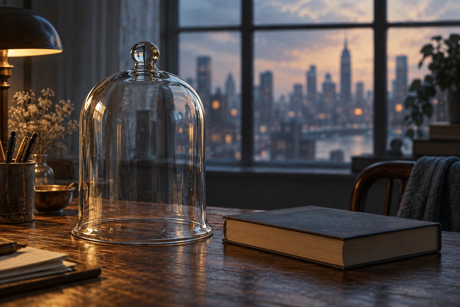 A glass bell jar and an unmarked book on a wooden desk overlooking a softly lit city skyline.