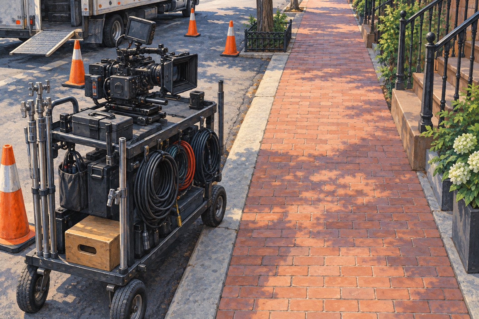 Conceptual illustration of film equipment beside a brick sidewalk, with cones separating the work area from an open pedestrian route.