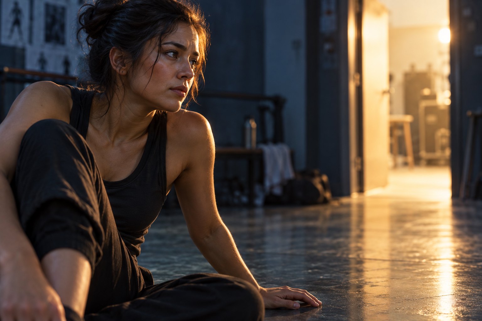 Conceptual illustration of a seated performer bracing one hand on a studio floor and looking toward a brightly lit doorway.