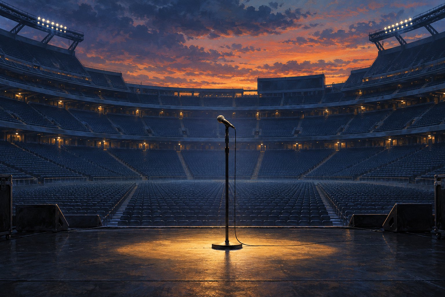 Conceptual illustration of an unattended microphone facing empty stadium seats beneath a dramatic sunset.