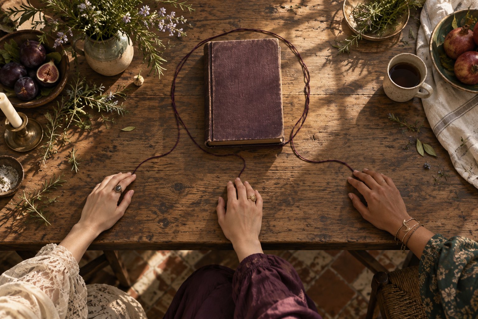 Symbolic illustration of three women's hands beside a closed purple book and a loose dark thread on a sunlit wooden table.