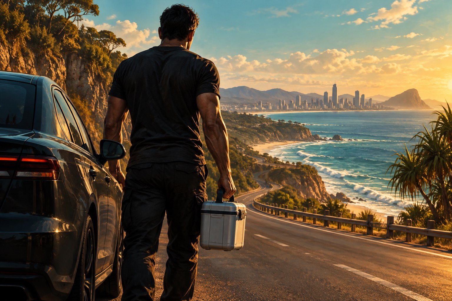 Conceptual illustration of a courier holding an insulated case beside a dark car overlooking a sunlit coastal highway.
