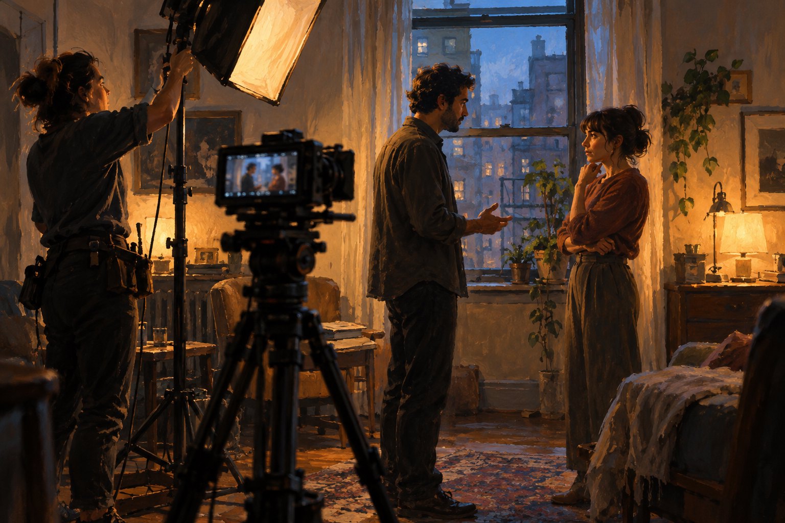 Painterly illustration of two performers rehearsing beside a window while a crew member adjusts a light behind a cinema camera.