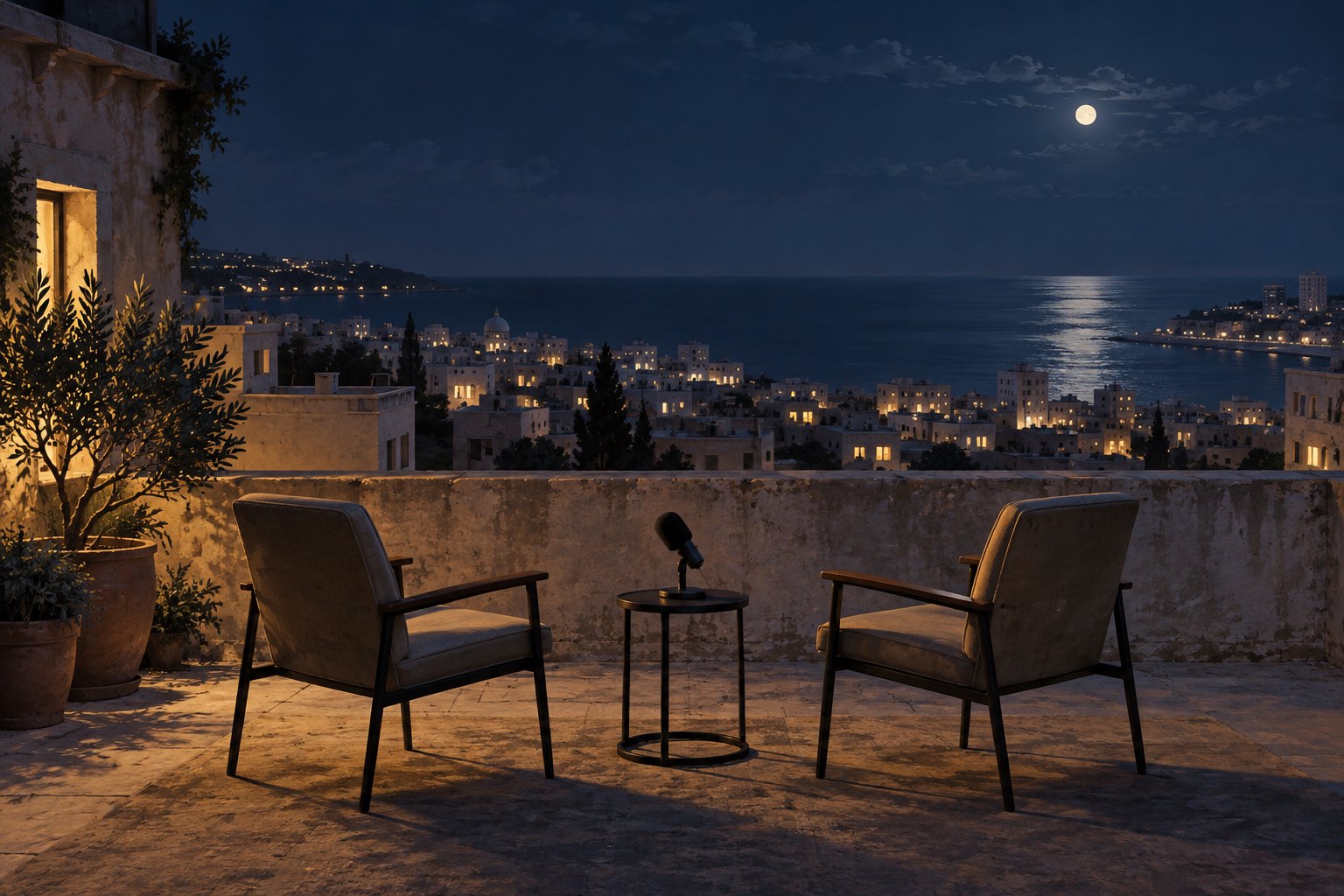 Editorial illustration of two empty interview chairs and a microphone on a rooftop overlooking a coastal city at night.