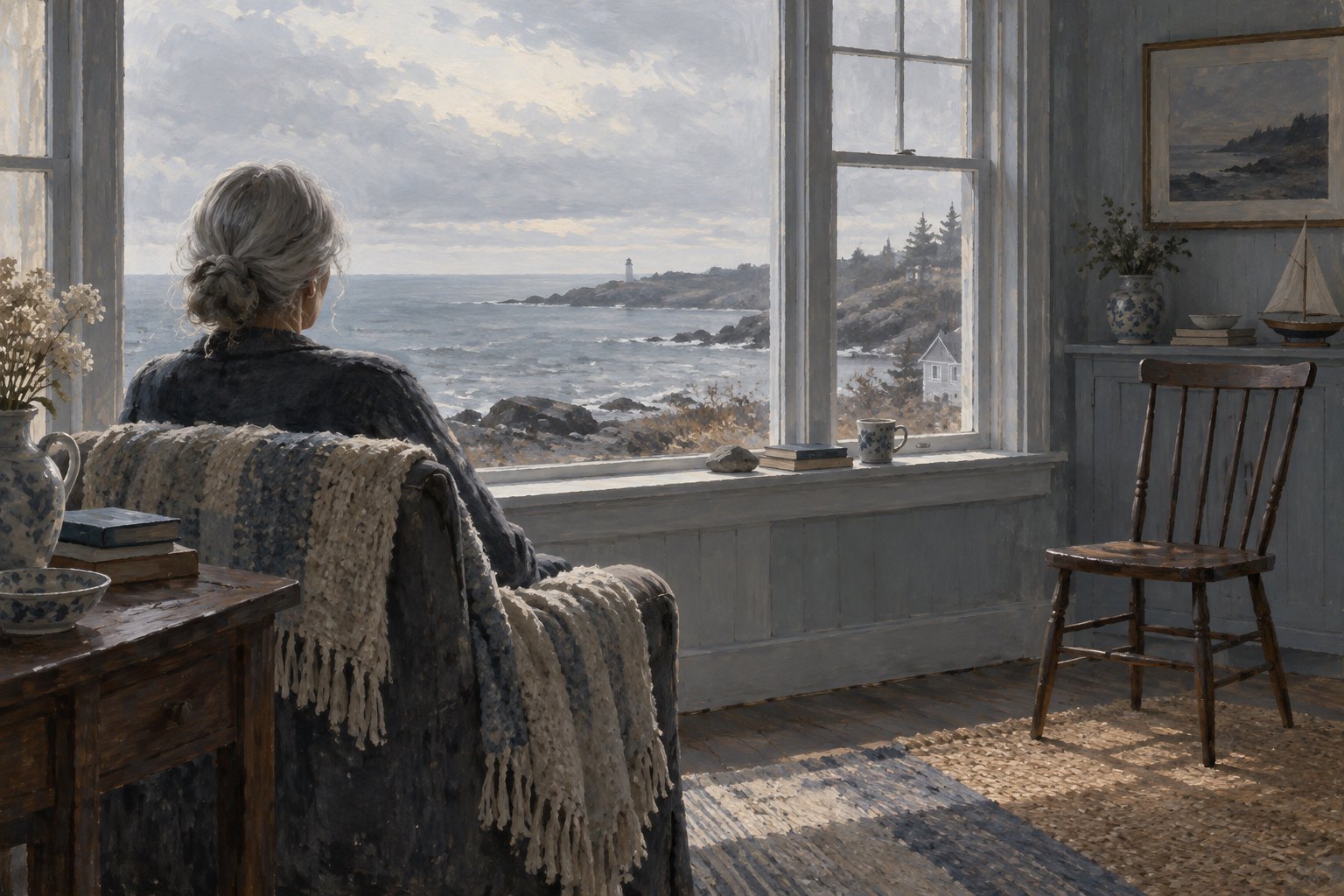 Conceptual illustration of a gray-haired woman beside a coastal window with an empty wooden chair nearby.