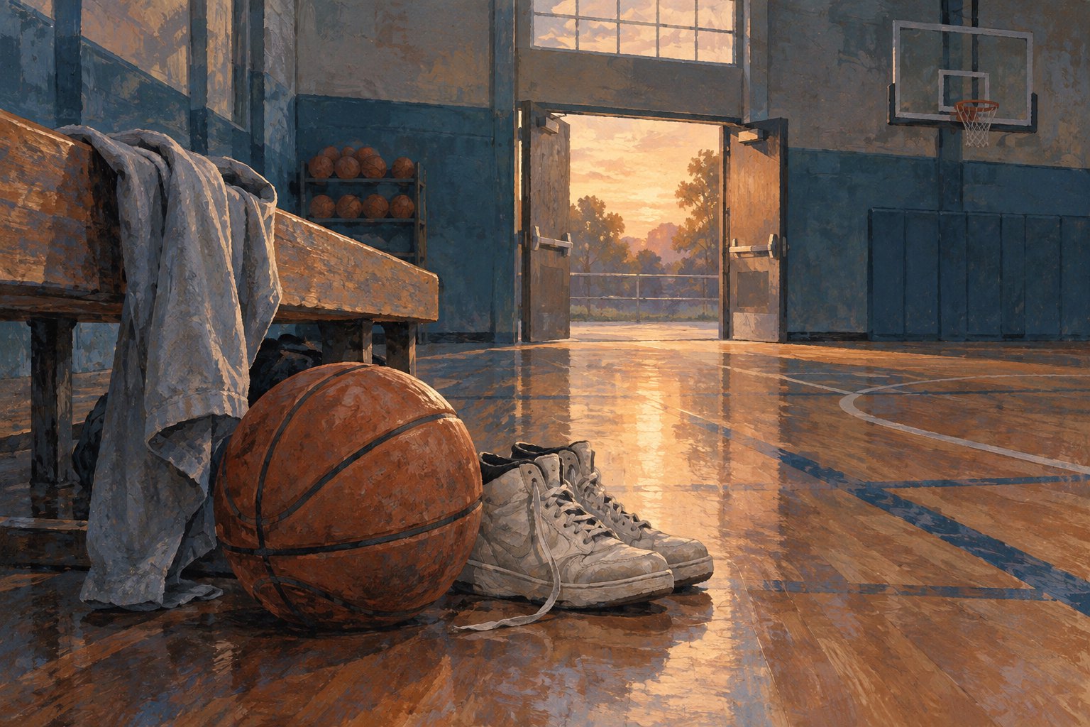 Conceptual illustration of a worn basketball and sneakers beside a wooden bench in an empty gym illuminated through open doors.