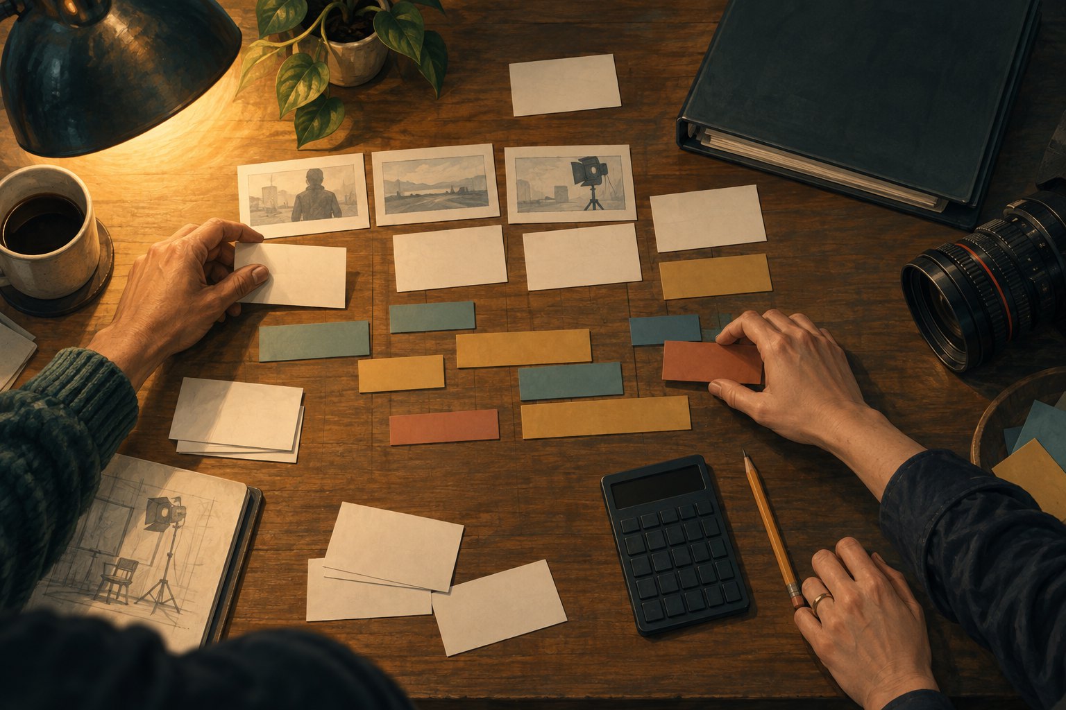 Editorial illustration of hands arranging planning cards beside storyboards, a calculator, a binder, and a cinema lens.