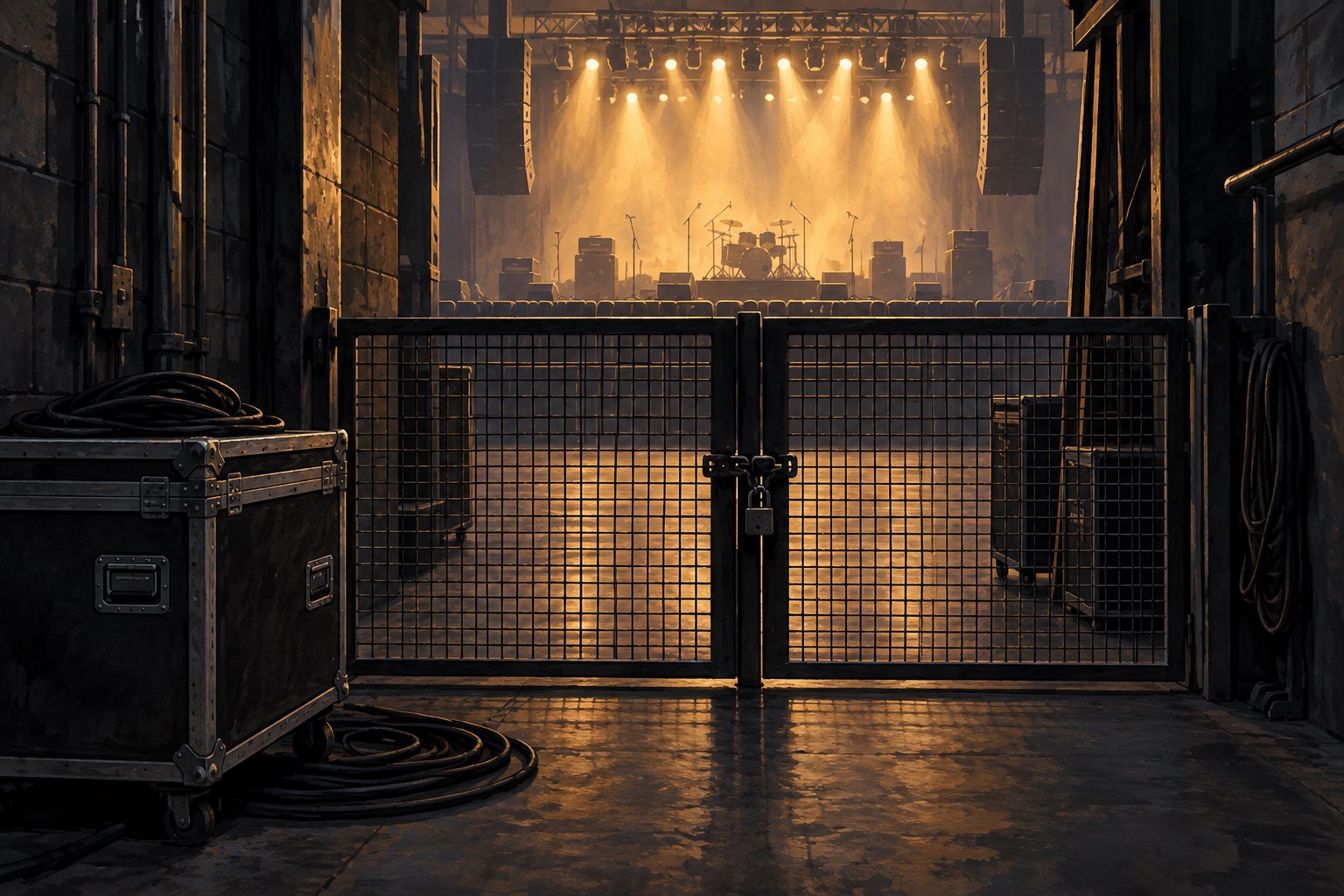 Conceptual illustration of a closed backstage gate separating a dark corridor from an illuminated concert stage.