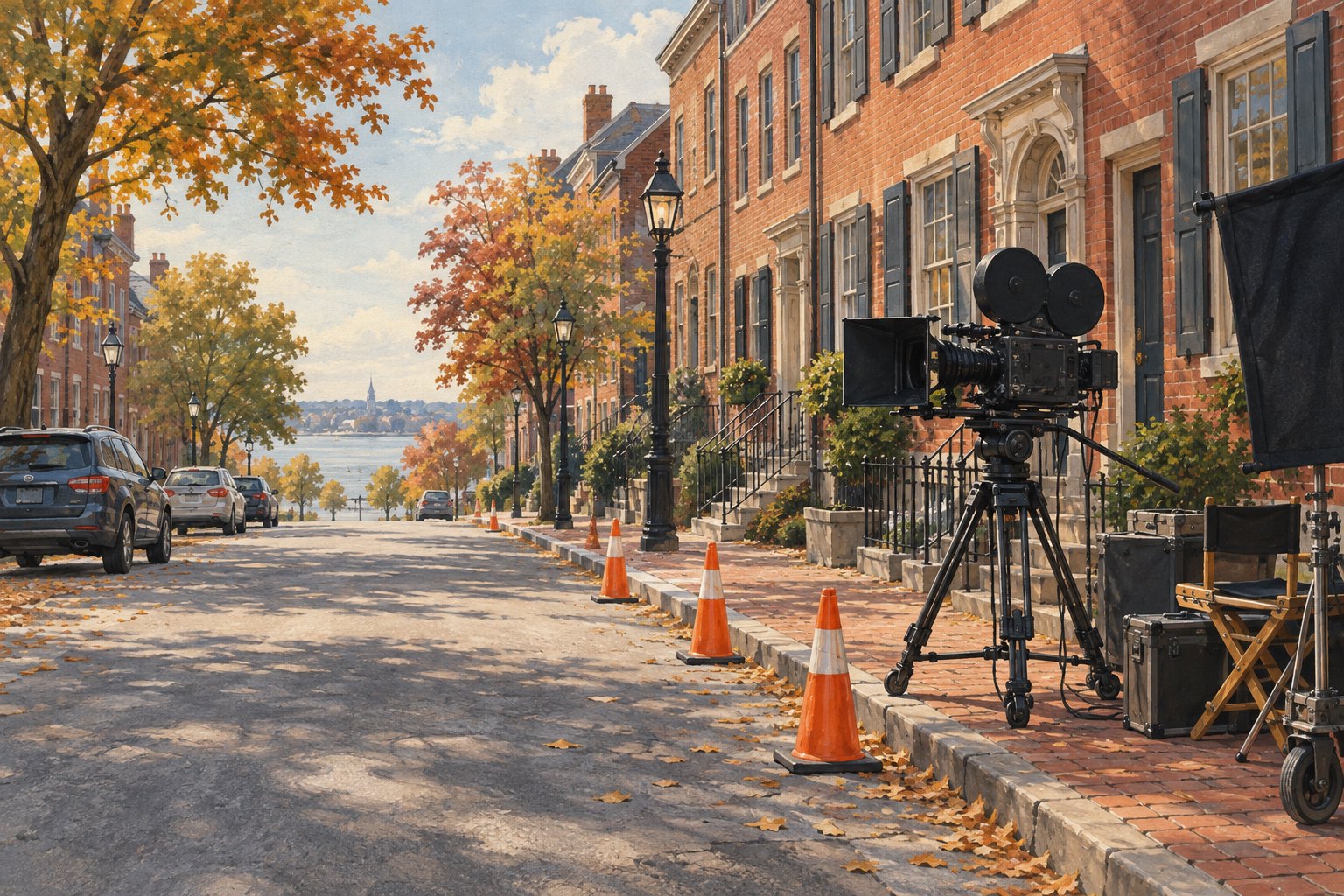 Conceptual illustration of a movie camera and traffic cones beside a brick-lined street with parked cars.