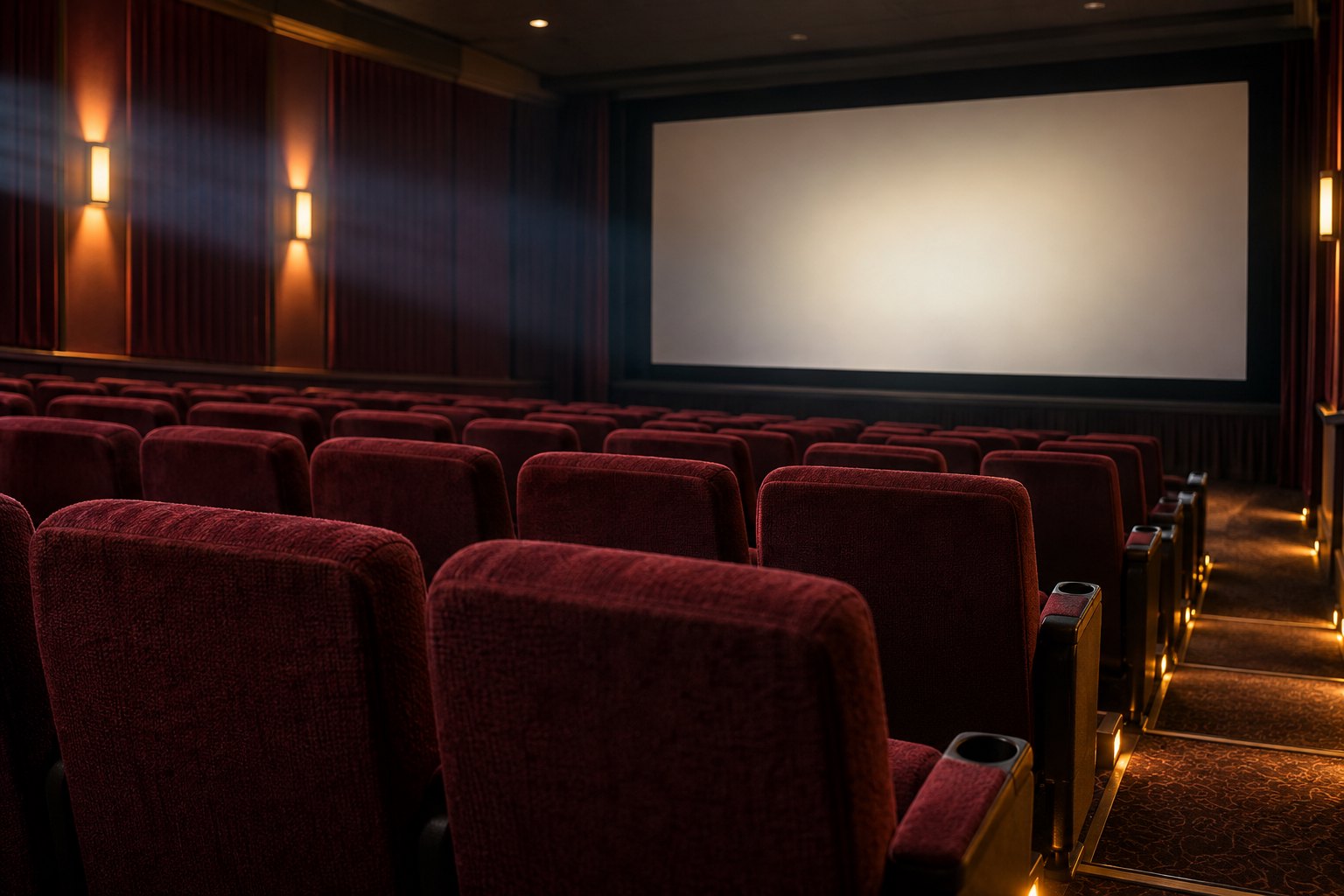 Empty burgundy cinema seats facing a blank screen under warm wall and aisle lights.