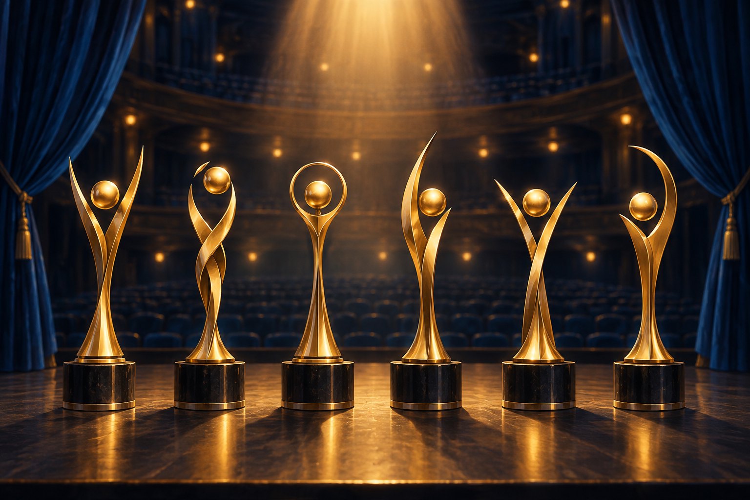 Conceptual illustration of six abstract golden award sculptures under a warm spotlight on a dark theater stage.