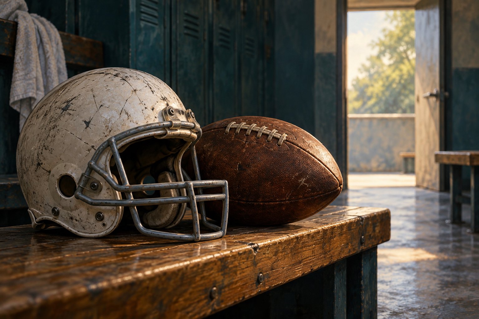 Conceptual illustration of a scuffed football helmet and football on a wooden locker-room bench beside a sunlit doorway.