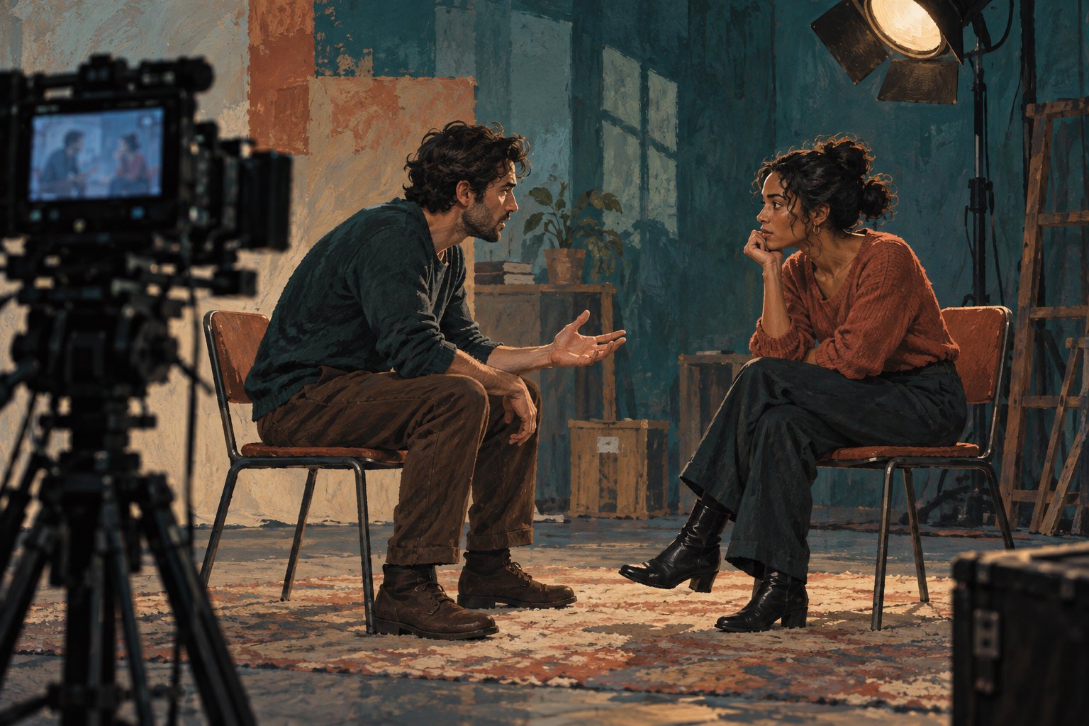 Conceptual illustration of two fictional performers rehearsing a conversation beside a camera under a studio light.