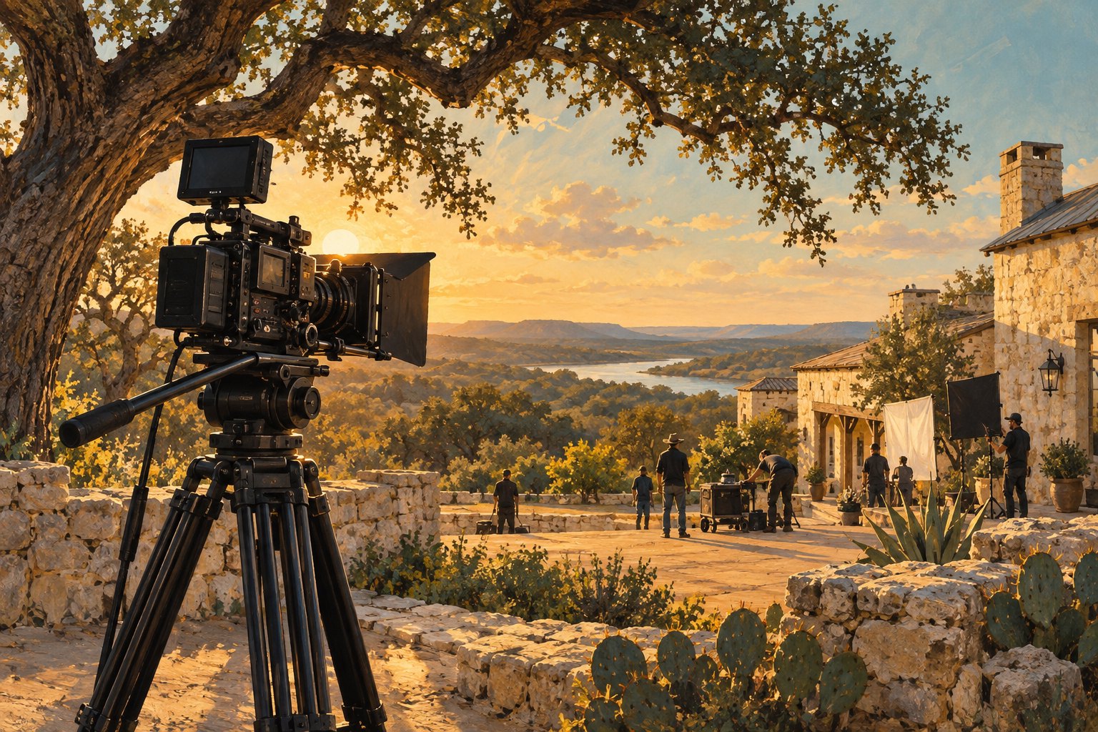 Editorial illustration of a cinema camera and crew preparing a shoot beside limestone buildings beneath a sprawling oak tree.
