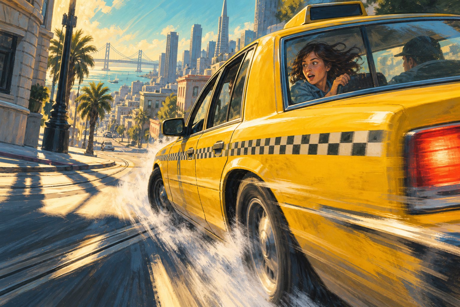 Conceptual illustration of a yellow taxi rounding a sunny city corner as a surprised passenger looks through the rear window.