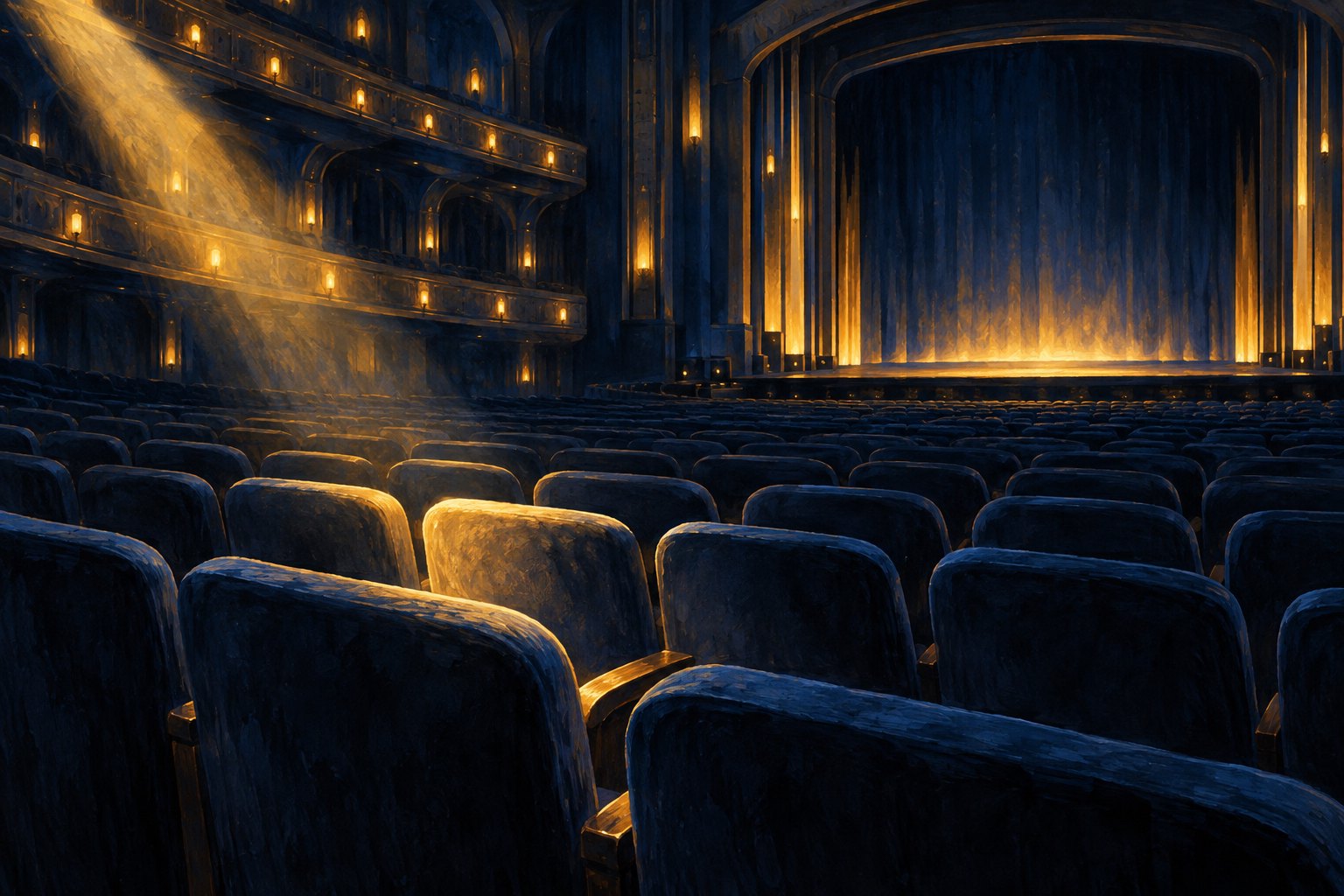 Painterly illustration of empty blue theater seats illuminated by a golden spotlight beneath ornate balconies.
