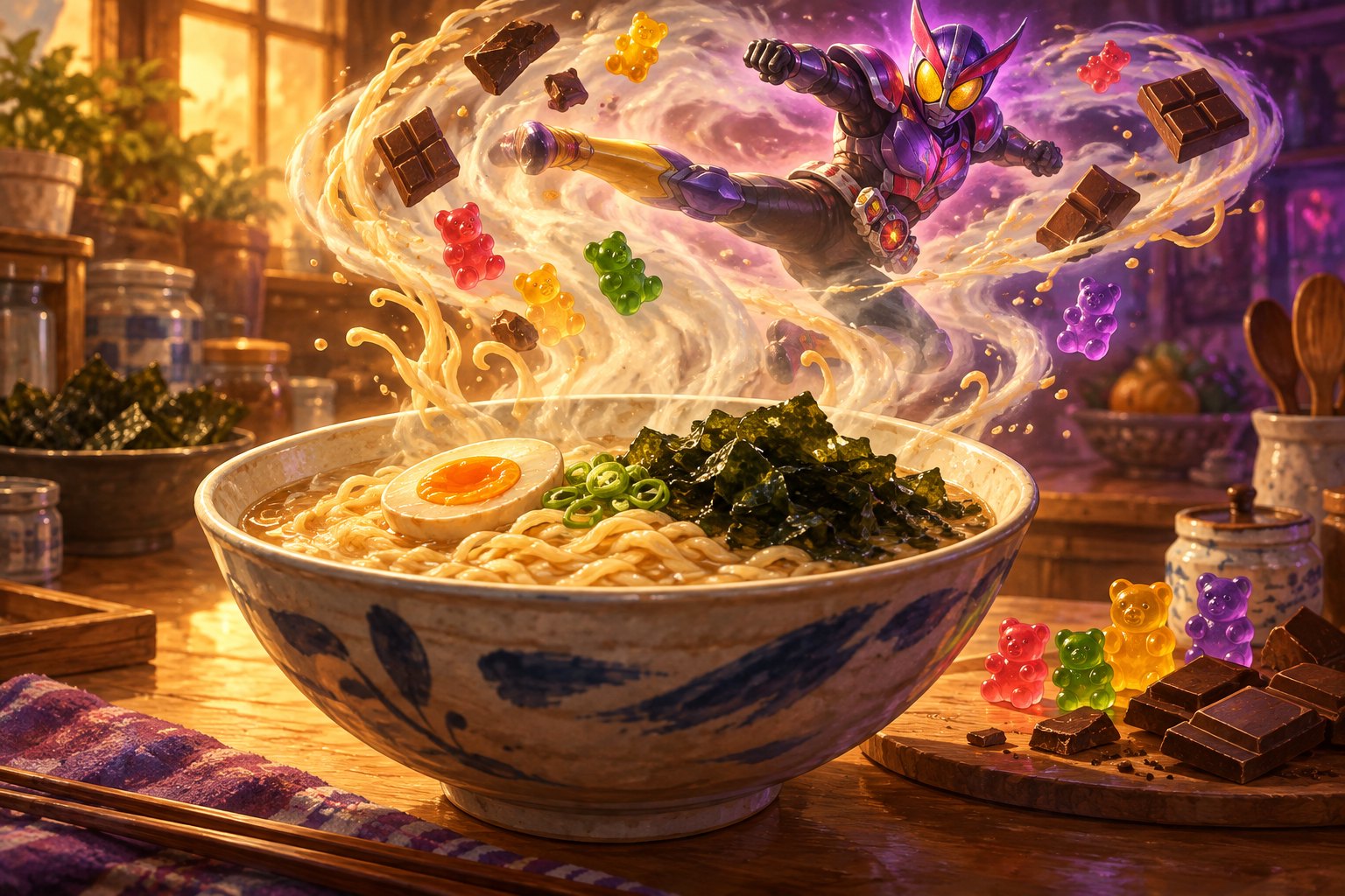美食主题概念插画:海带面上方浮现踢腿的紫色装甲英雄,糖果与巧克力环绕