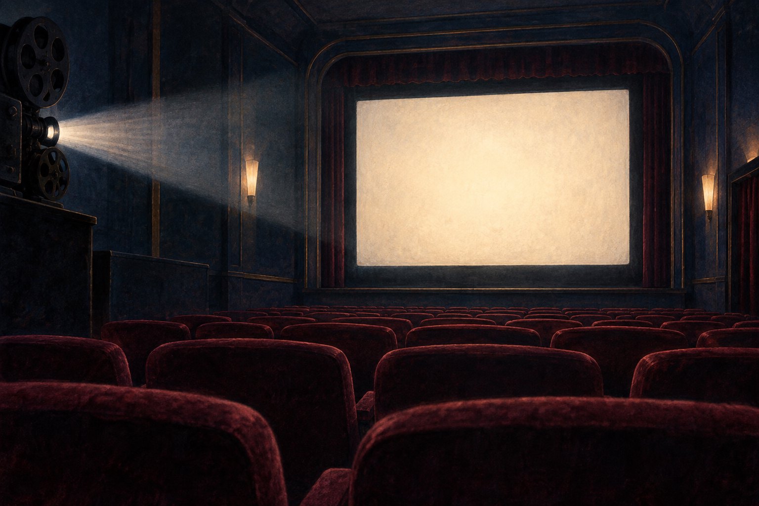 Painterly illustration of an empty cinema with burgundy seats and a projector illuminating a blank screen.