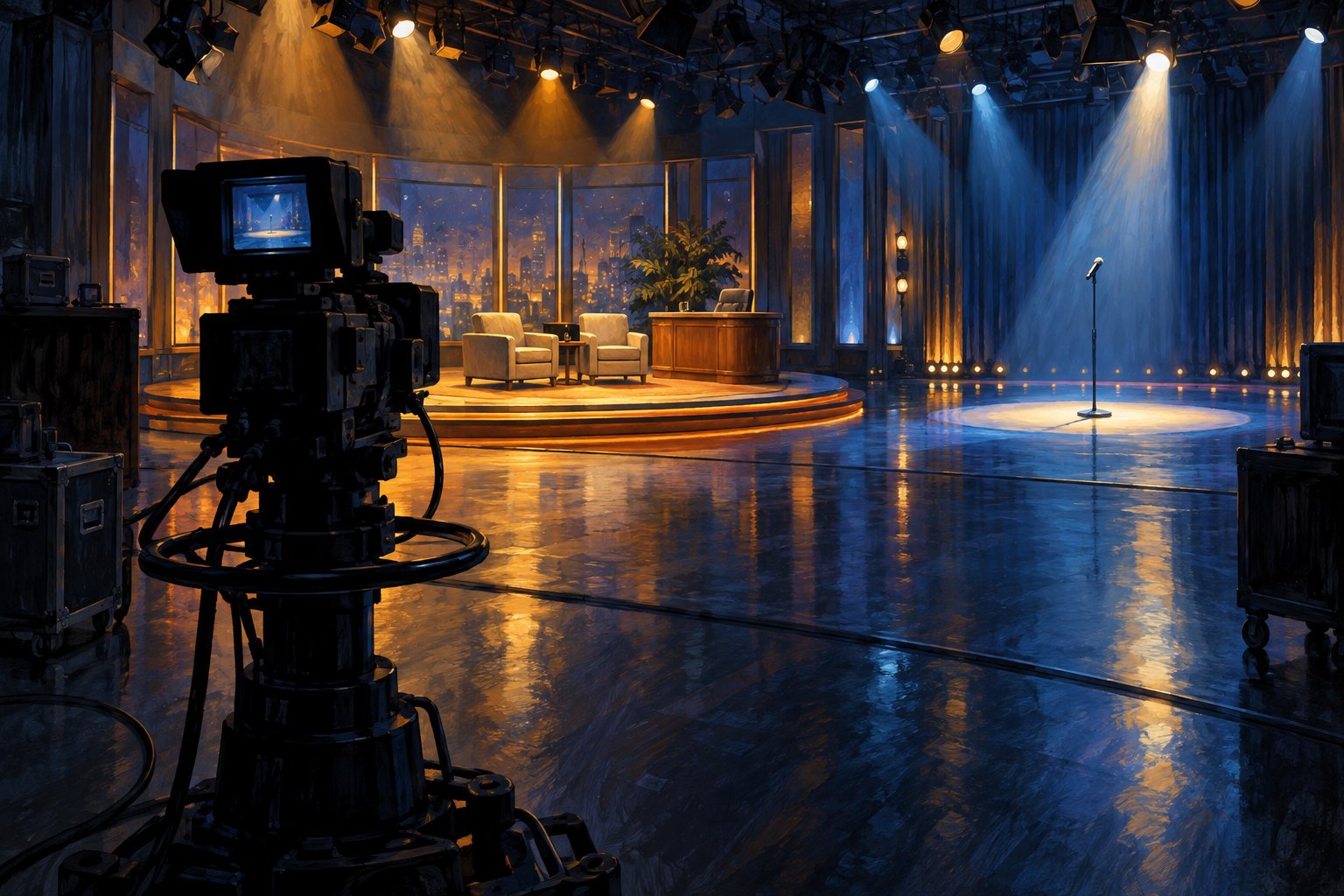 Painterly illustration of a studio camera facing a talk show desk and an empty performance area under blue and amber lights.