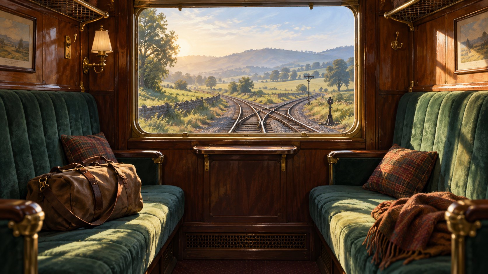 原創情境插畫:復古車廂的相對座椅與窗外分岔鐵軌,呼應旅途中的陪伴與選擇,非電影劇照