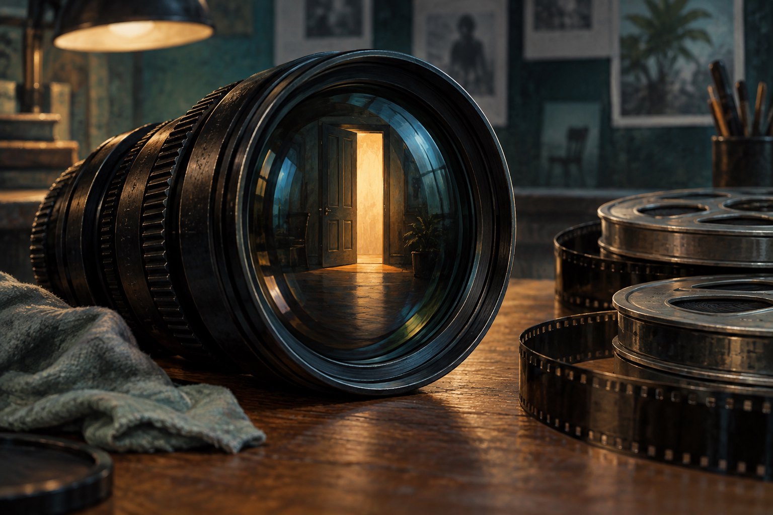 Concept illustration of a cinema lens reflecting a warmly lit doorway beside film reels on a wooden desk.