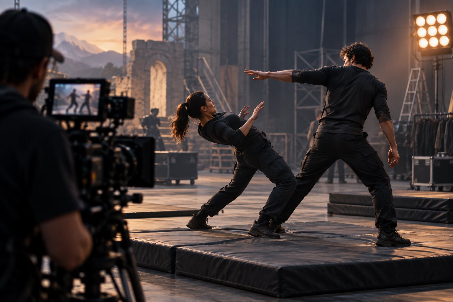 Conceptual illustration of two stunt performers rehearsing a staged fight on crash mats while a camera operator films.
