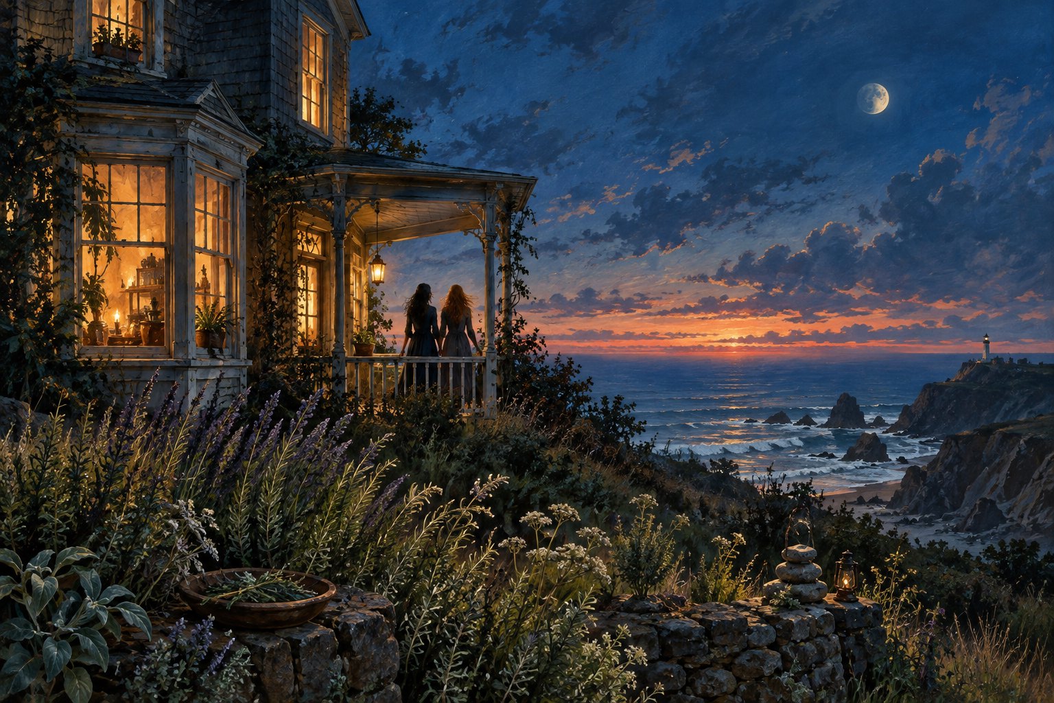 Painterly illustration of two women on the porch of a warmly lit coastal house overlooking the ocean at twilight.