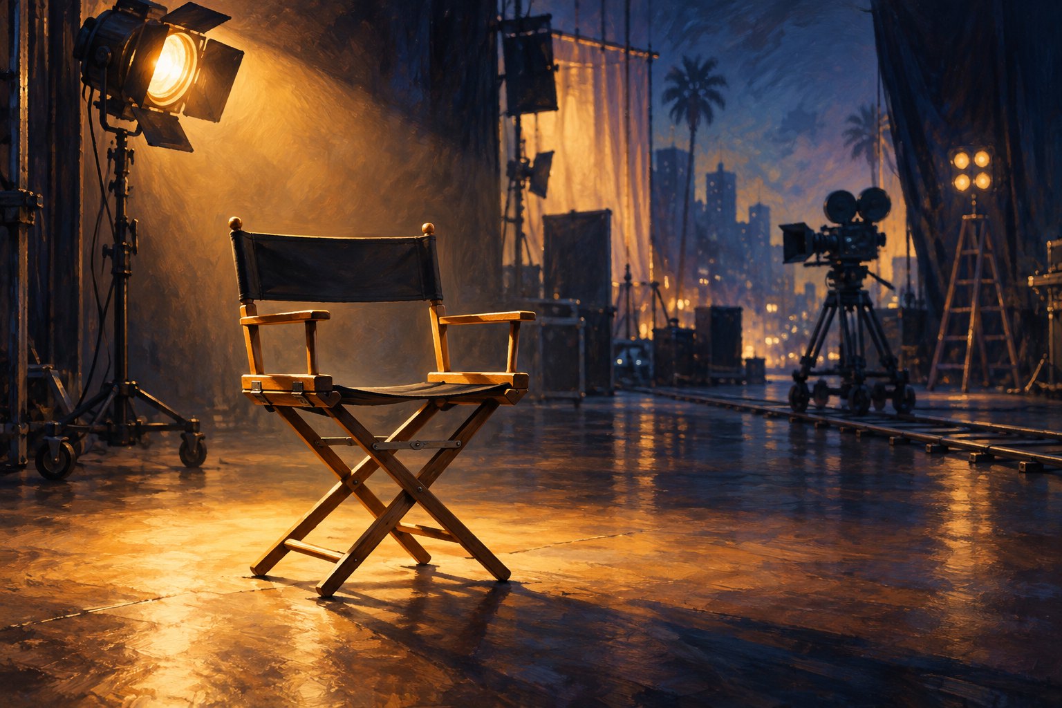 Concept illustration of an empty actor’s chair under an amber spotlight on a dark soundstage.