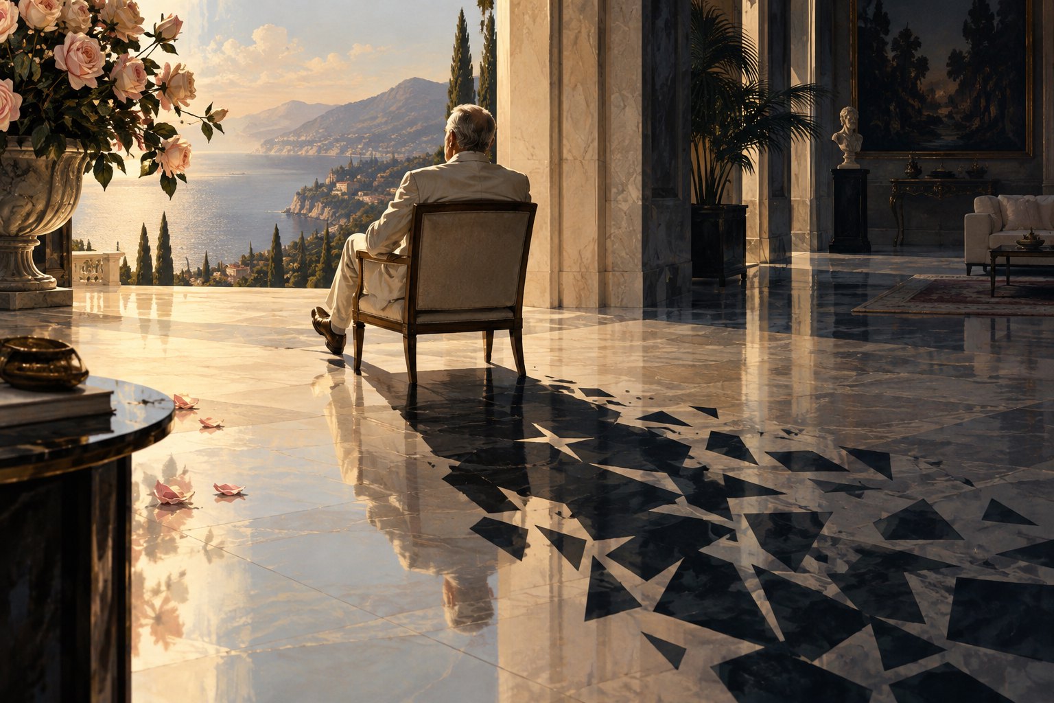 Conceptual illustration of a solitary man in a pale suit overlooking the sea from a luxurious room, with a fragmented shadow across the floor.