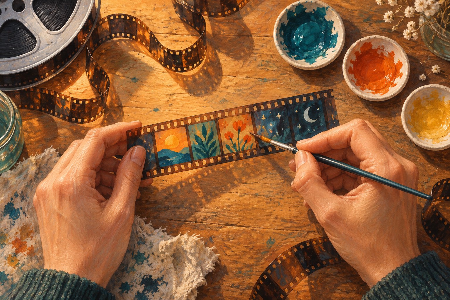 Illustration of hands painting small colorful scenes on a filmstrip beside paint dishes and curled film.
