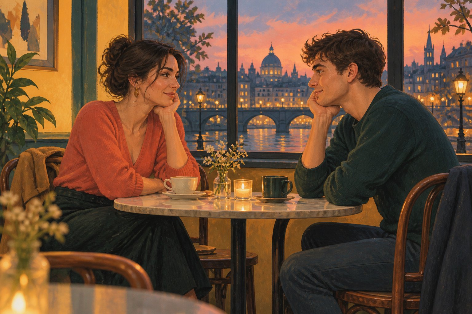 Conceptual illustration of two adults exchanging a thoughtful glance across a cafe table at twilight.