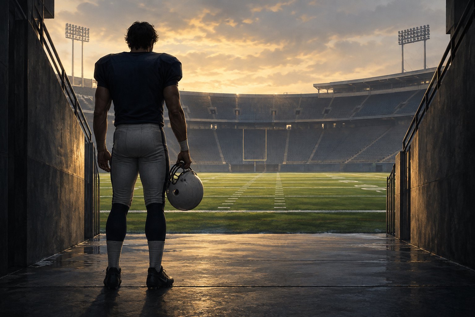 Conceptual illustration of a football player holding a helmet at a stadium tunnel entrance overlooking an empty field.