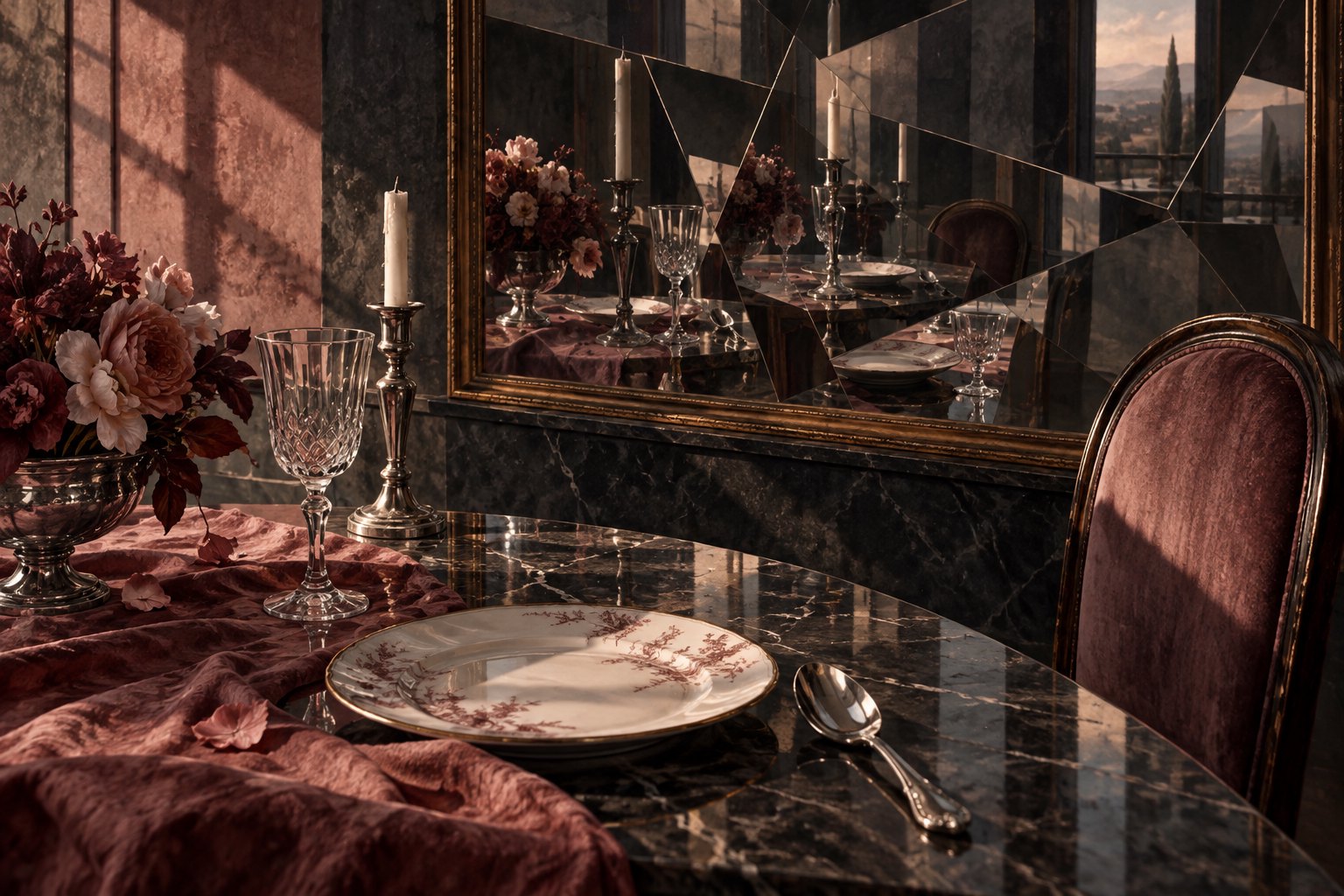 Conceptual illustration of an elegant dining table and empty rose-colored chair reflected in a fractured mirror.
