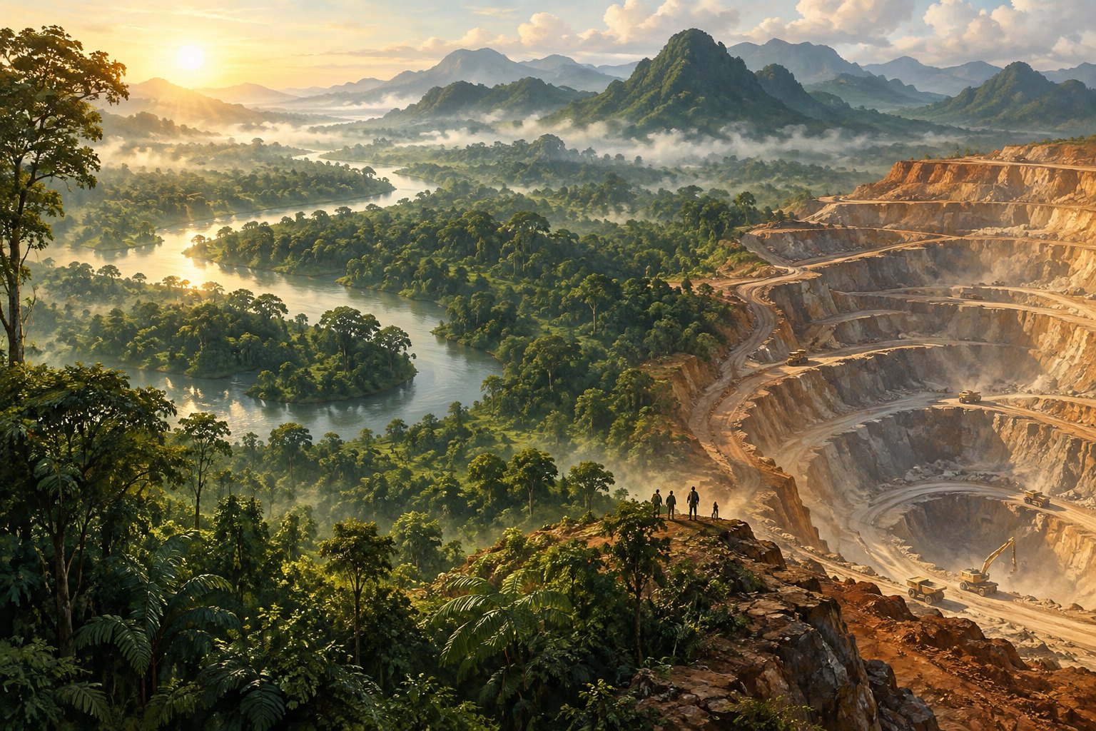 Conceptual illustration of a winding river and green forest bordering a terraced open-pit mine.