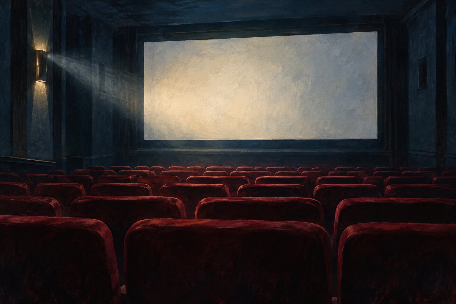 Conceptual illustration of an empty cinema with burgundy seats facing a softly illuminated blank screen.