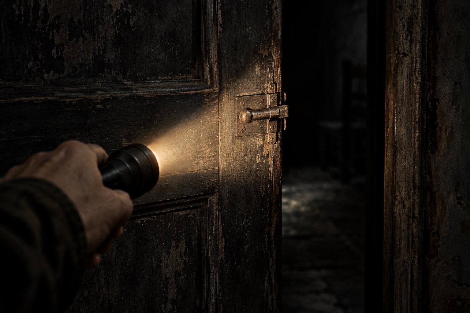 Concept illustration of a hand holding a flashlight toward the metal latch of a weathered door opening into darkness.